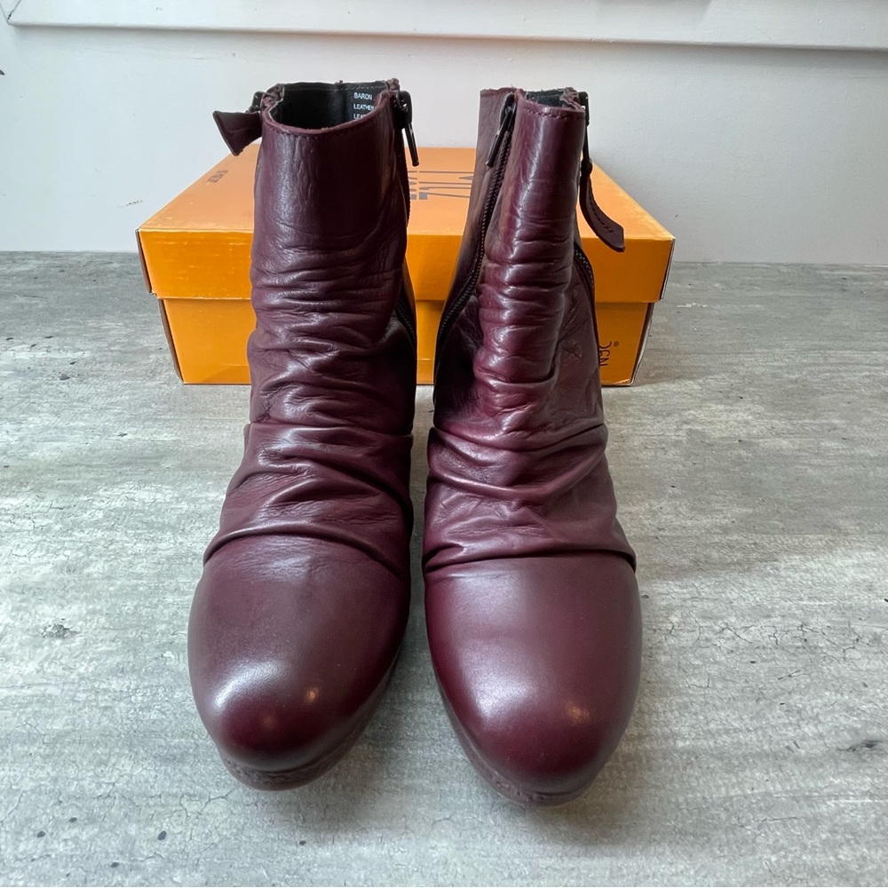 Miz Mooz Baron Ankle Boots Women 40 Bordeaux Good‎ Ruched Leather Wedge Booties